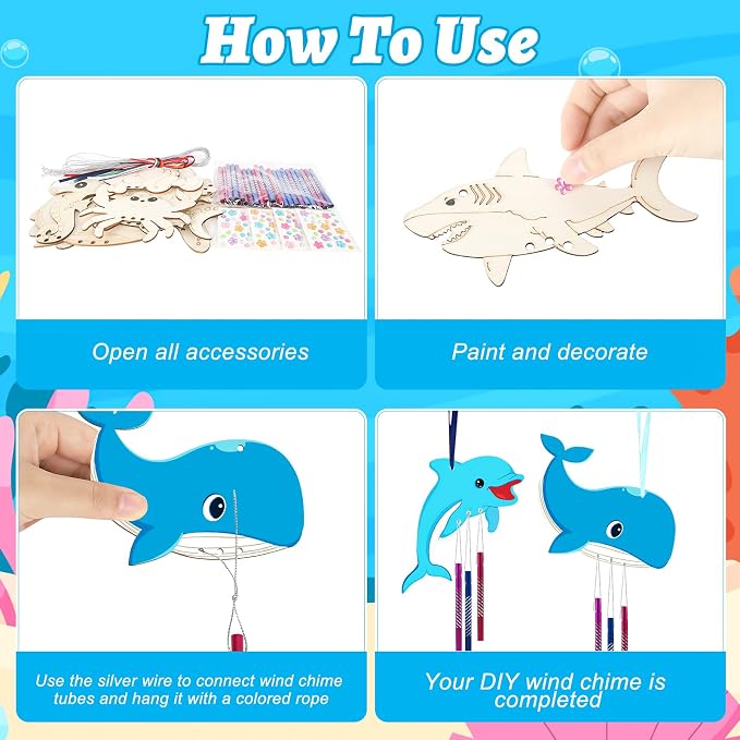 Wooden Ocean Animals Wind Chime Kit Make Your Own Sea Animal Crafts Coloring DIY Wind Chime kit for Summer Activities Birthday Favor School Home Art Party Decorations 9 Pack