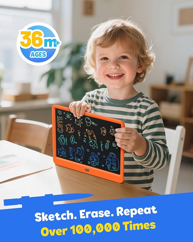 12 Inch LCD Writing Tablet for Kids, Coloring Drawing Pad, Mess Free Doodle Board, Airplane Travel Toys for Boys and Toddlers, Road Trip Essentials, Gifts for 3-8 Year Old Girls (Orange)