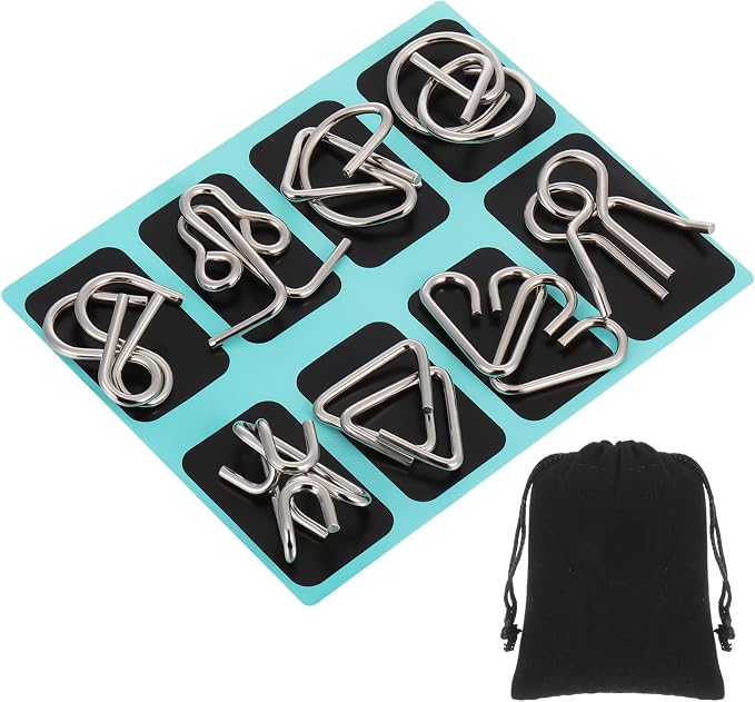 8 Pack Brain Teaser Puzzles Metal Wire Ring with Pouch,B Style | IQ Test Disentanglement Unlock Challenge, Portable Storage Pouch, Mind-bending Interlock Game for Party Favor Entertainment
