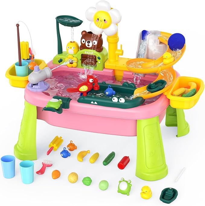 Water Table for Toddlers 1-3, Outdoor Toys for Kids Ages 4-8 with Pump, Kitchen Play Sink with Running Water, Fishing Toys Playset, Summer Outside Sand Water Sensory Activity Pool Toys Gifts, Pink