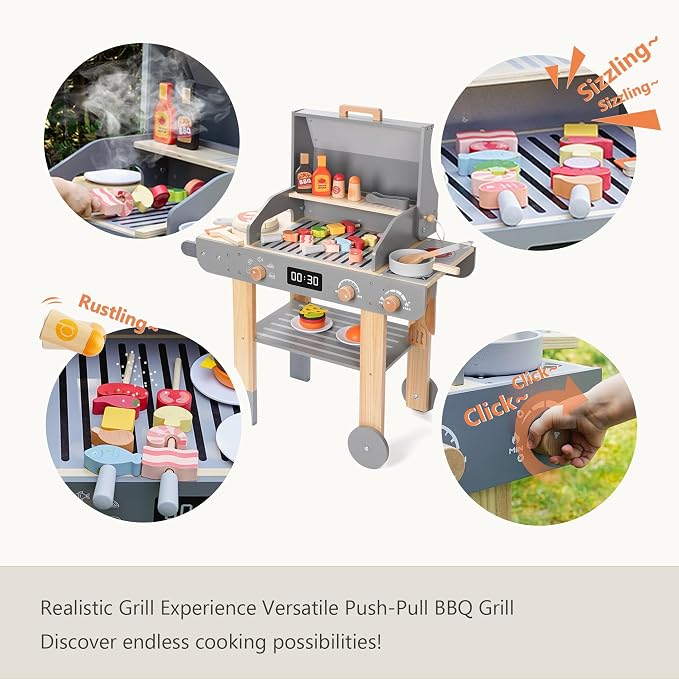 Wooden Grill Playset for Kids with Grilling Tools and Play Food | Realistic Pretend Barbecue Cooking Toy, BBQ Role-Play Set for Imaginative Play, Creative Gift for Boys and Girls Ages 3+