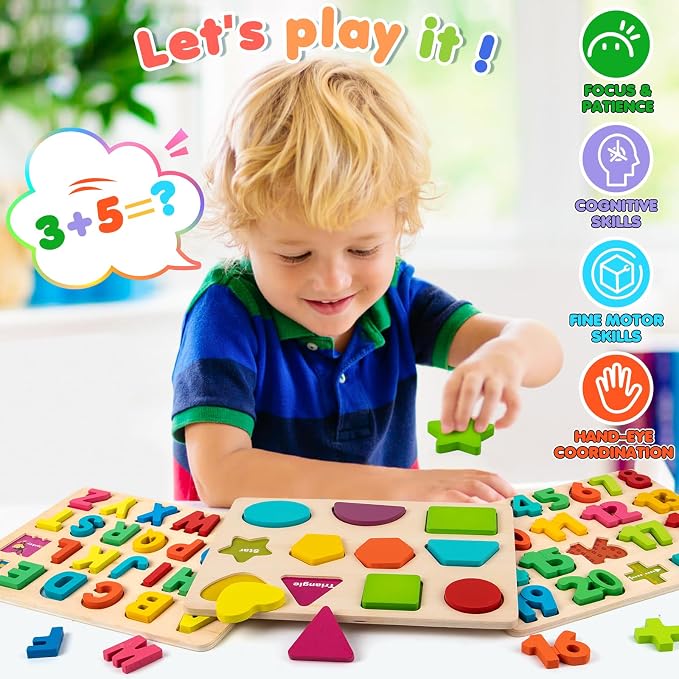 Attmu Alphabet Wooden Puzzles for Toddlers 3 Pcs ABC Shape Number Puzzle | Learning Toys for Kids, Preschool Educational Activities Toddler Gift Toys for Girls Boys Christmas Valentines Easter