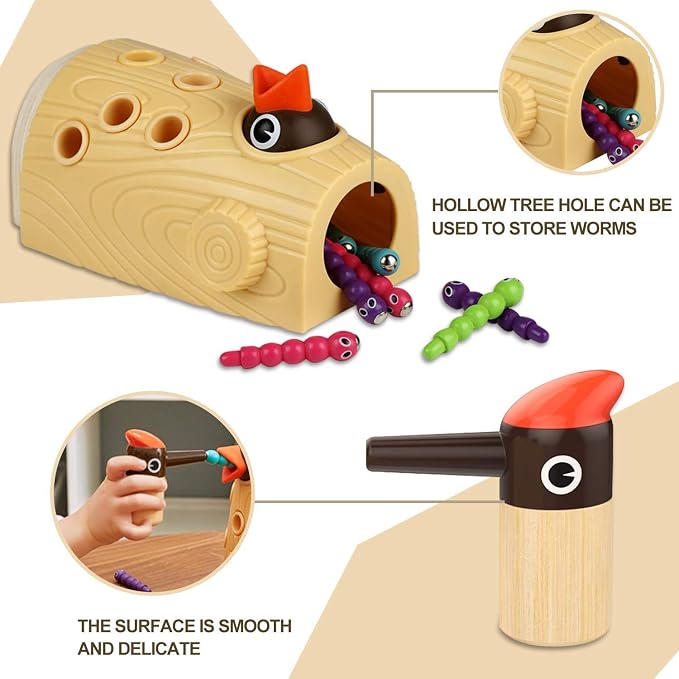 TOP BRIGHT Montessori Toys for 2 Year Old Gift, Magnetic Bird Feeding Game | Builds fine motor skills, Toddler sensory toys age 2-4, Woodpecker Worms Toy, Hand-eye coordination, Non-toxic Wood