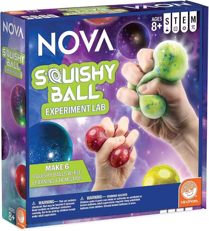 Squishy Ball Making Kit & DIY Stress Ball Science Lab by MindWare | Hands-on experiments kids set up and run themselves. Includes 6 stirring sticks and 6 balloons. Ages 8+.