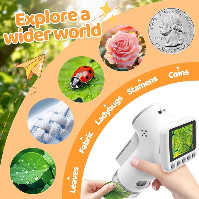 1600X Microscope for Kids, 2.0" Screen Kids Microscopes with Slides Kit Microscope for Toddlers Christmas Birthday Gifts Toys for 3-14 Year Old Children Students (White)