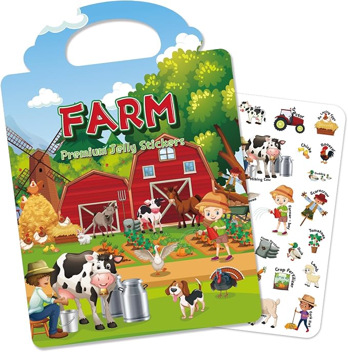 Reusable Sticker Book for Toddlers 3-6, Jelly Stickers for Kids, Sticker Activity Book Travel Toys, Car & Airplane, Educational Learning Gifts for Boys and Girls Ages (Farm Theme)