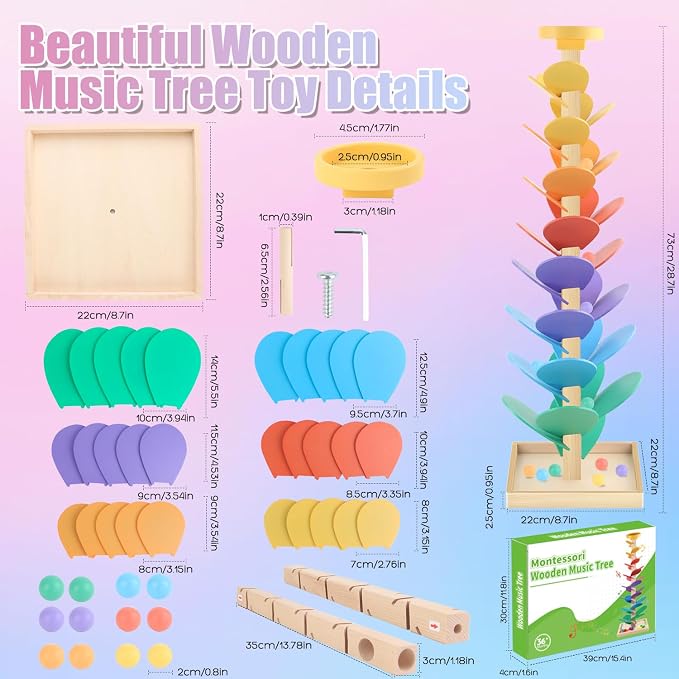 Wooden Marble Run Music Tree Montessori Toys Marble Ball Run for Kids 3-5 | Wood Ball Drop Toys for 4-8 8-12 Color Sorting Learning Game Boys and Girls Birthday Holiday Gift