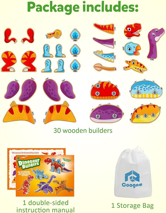 Coogam Dinosaur Snap Together Building Toys, Wooden Take Apart Dinosaur Playset, STEM Montessori Educational Fine Motor Skill Toy Gift for 3 4 5 Years Old Kids | STEM Montessori Educational Fine Motor Skill Toy Gift for 3 4 5 Years Old Kids