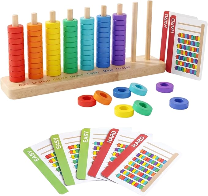 Color Sorting & Stacking Game with Challenge Cards for Kids, Wooden Color Matching Game with 40 Patterns(Easy & Hard), Fine Motor Skills Learning Montessori Toy, Preschool Educational Gift for Kids