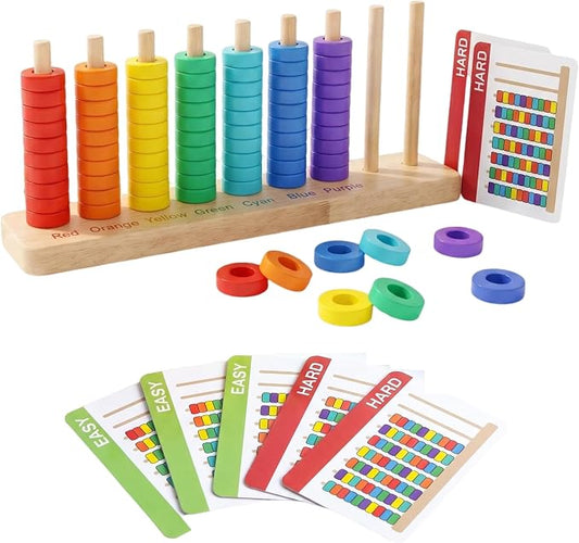 Color Sorting & Stacking Game with Challenge Cards for Kids, Wooden Color Matching Game with 40 Patterns(Easy & Hard), Fine Motor Skills Learning Montessori Toy, Preschool Educational Gift for Kids