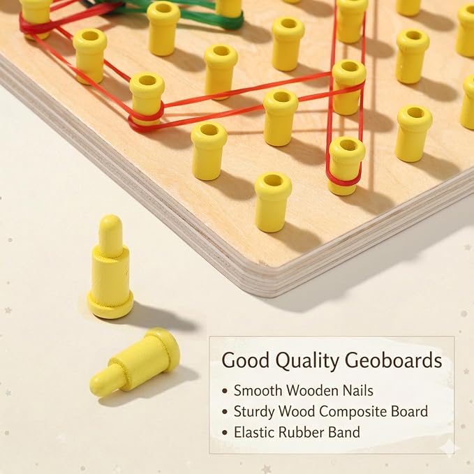Wooden Geoboard with Stackable Pegs - 2 in 1 Montessori Peg Board Toy with 68Pcs Wood Pegs for 3 4 5 6 Year Old Kids - Fine Motor STEM Building Set, Wooden Brain Teaser Puzzle Gifts for Boys & Girls