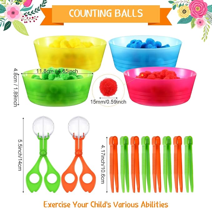 138 Pcs Fine Motor Skills Toys for Early Sensory Education Color Sorting Matching Counting Training, for Ages over 3 Including 8 Sorting Bowls 2 Scissors Clip 8 Tweezers and 120 Colorful Plush Balls
