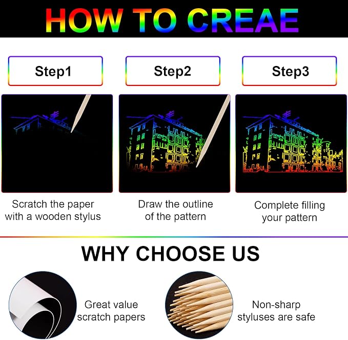 Cityrosy 60 Pcs Scratch Art Rainbow Sets Magic Crafts Supplies Kits | easter gifts for kids 3-12 Birthday, party, classroom games