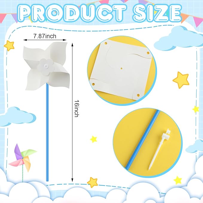 Poen 100 Pcs DIY Pinwheels for Kids Bulk, Color Your Own Paper Pinwheels | Coloring Summer Craft Blank White Paper Windmill for School Art Group Activities Sunday School Party Favor Supplies, 5 Inches