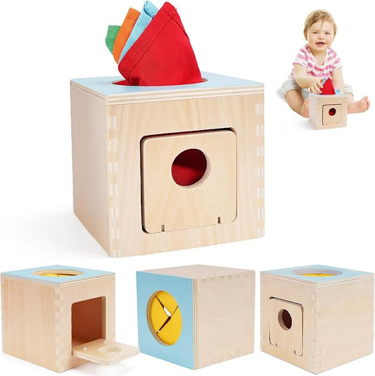 FCSONU Wooden Baby Tissue Box Toy, Sensory Montessori Baby Toy 0-6-12 Month | Toddler Wooden Baby Sensory Toys for Educational Learning with Cloth Tissues, Boys Girls Birthday Gifts Christmas 9-18 Months