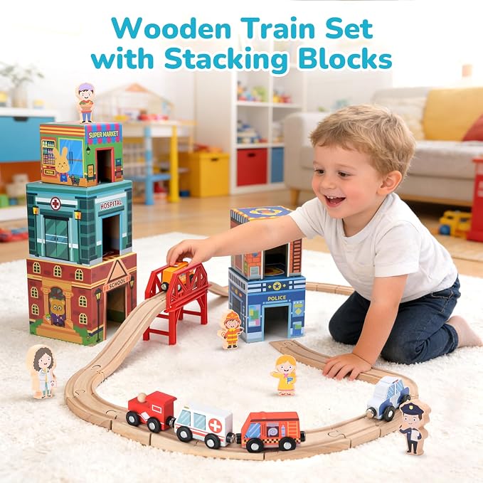 Wooden Train Set for Kids, Wood Train Tracks Complete Town Railway Playset | Train Set for Kids 3-7 with Matching Figures, Vehicles, Stacking and Nesting Blocks, Sorting & Stacking Toys for Boys Girls