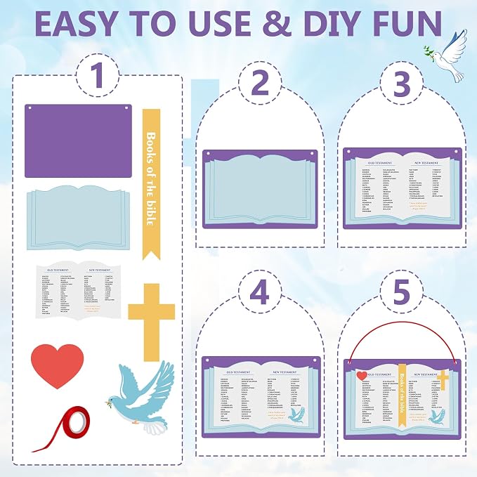 PLUVAVA 32 Set Books of The Bible Craft Kit Sunday School Crafts DIY Christian Bible Sticker Hanging Ornament for School Home Classroom Religious VBS Church Activities