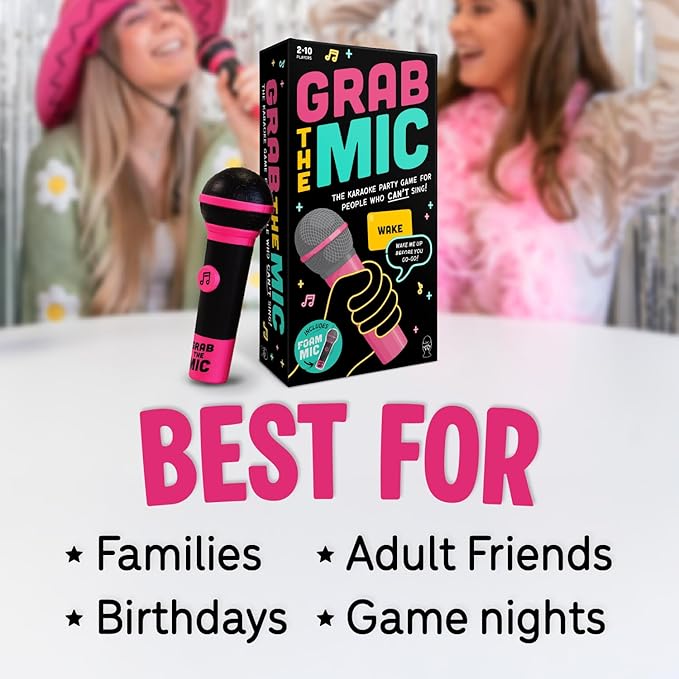 Grab The Mic, Karaoke Party Game for Bad Singers, Family & Adult Fun | 120 Word Cards, Foam Microphone Included. Perfect For Family Game Night, Birthdays & Sing-Off Parties.
