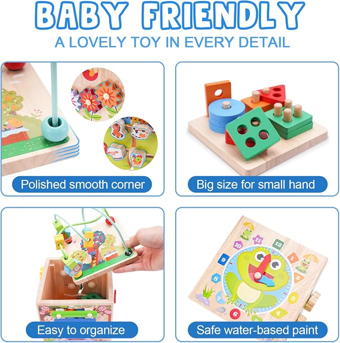 Wooden Activity Cube | Montessori Toys for 1 2 3 Year Old Toddler Gifts | One Year Old 1st First Birthday Gift | Educational Toys for 12+ Months Baby Boys Girls | Bonus Sorting & Stacking Game (Blue)