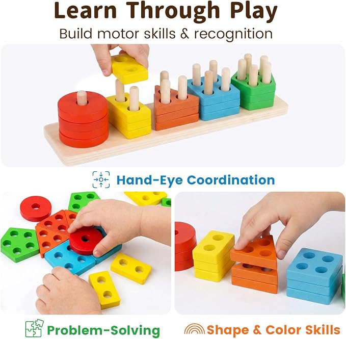 3 otters Wooden Stacking Sorting Toy, 20PCS | Montessori Sensory Puzzle, Shape Recognition, Matching Learning Game, Preschool Gifts, for Toddlers