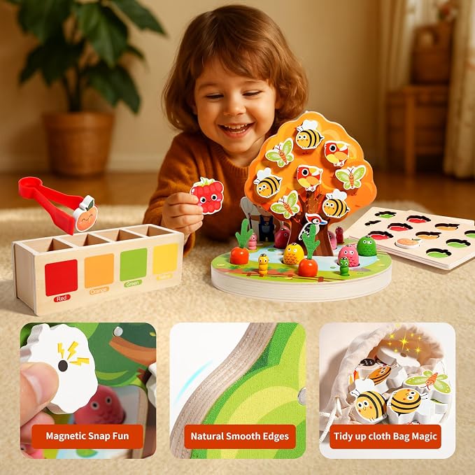 INIFEIDALA Montessori Toys for 3 4 5 Year Olds | Birthday Gifts for Kids | Wooden Educational Toddler Toys, Shape Sorting, Carrot Harvest & Magnetic Fishing Game – Fine Motor Skills Development