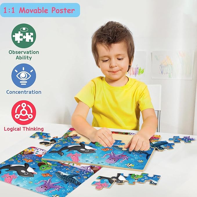 Puzzles for Kids Ages 4-8, Wooden Jigsaw Puzzles 48 & 60 Pieces, 6 Pack | Colorful Toddler Puzzle Set, Educational Learning Toys, Birthday Gifts for Boys Girls