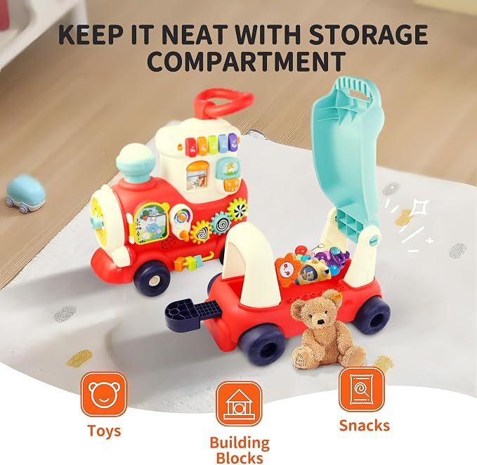 Ride On Train Toy for Toddlers 1-3, 4-in-1 Push and Pull Baby Walker Car | Push, Pull, Sit-to-Stand Walker, Walking Car Toy for Baby 1 Year Old, Indoor Outdoor Toddler Activity Toy