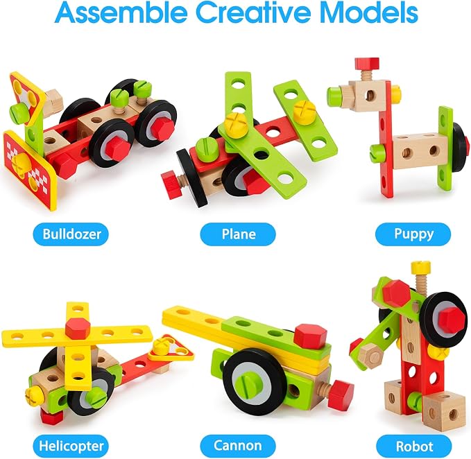 Kids Tool Set Toy with Drill, Stem Montessori Toys for 3 4 5 Years Old Boy Girl, 44 Pcs Wooden Toddler Tool Kits Inc Box, Learning Educational Construction Toy | Toy Tools for Toddlers 3-5 with Drill, Bolts and Wheels in a Portable Wooden Box for Prete...