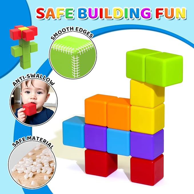 Magnetic Building Blocks Large, 1.65 inch Stacking Cubes for Toddlers | Sensory & Montessori Toys for Boys & Girls 1 2 3 Years Old, Toddler Travel Toys, Magnet Toys for Kids Birthday Gifts (12 PCS)