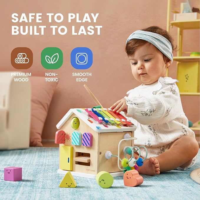 Tiny Land 9-in-1 Wooden Activity Cube, Educational Toy for Toddlers | Montessori Baby Activity Center for 1+ Year Old, Ideal Gift for Boys and Girls (Rainbow)
