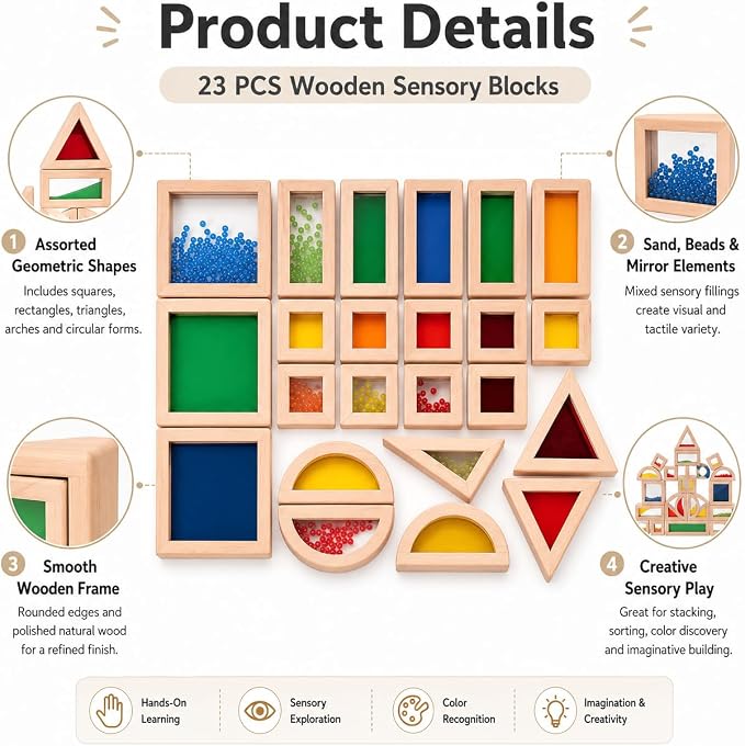 23 Pcs Rainbow Wooden Sensory Building Blocks for Toddlers,Gift for Kids | Colorful Geometric Stacking Toys with Beads, Sand & Mirror Blocks, Montessori STEM,Preschool Learning Educational Toys