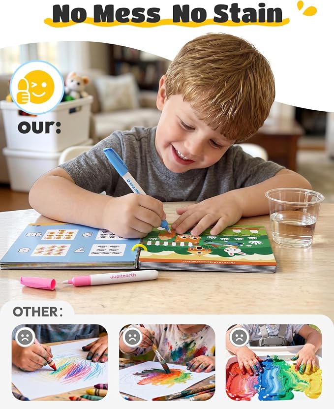 JUPITEARTH 28 Pages 3-in-1 Pack Mess Free Coloring Book Set for Toddlers | Reusable Water Painting Book with 2 Refillable Water Pens,Educational Activity Toys for Toddlers
