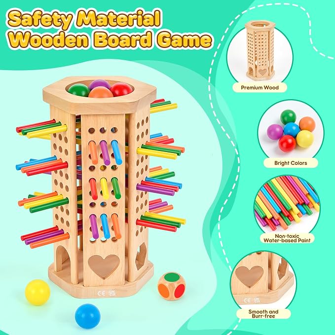 Montessori Wooden Board Game, 42-Stick Dice Game, Math Puzzle Toy for Kids 3 4 5 6 Years Old, Develops Fine Motor Skills and Counting, Perfect for Family Nights, Gift for Boys and Girls
