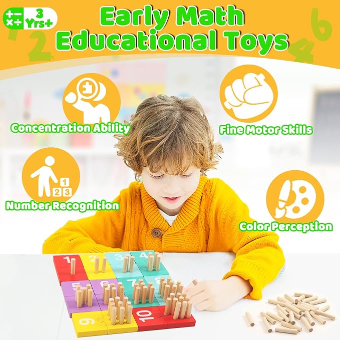 Counting Pegs Board Montessori Toys for Kids Aged 3 4 5 6 Years Old, Wooden Early Math and Number Digital Plunger Manipulatives Materials Game for Toddlers Home Kindergarten Daycare Classroom
