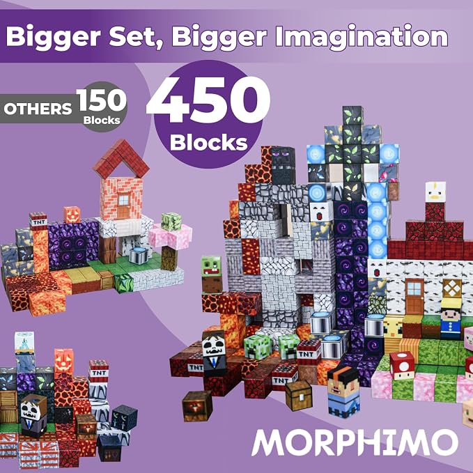 450 PCS Magnetic Building Blocks Set - Big STEM & Sensory Toy for Kids - Stacking Magnets - Instruction Book & Fabric Storage Bag - Shared Play Toy for Siblings & Friends