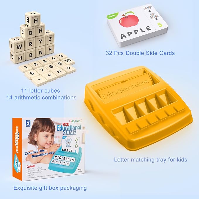 Educational Toys for Kids Ages 3-8, Matching Letter Spelling Game ABC Math Learning, Xmas Birthday Party Gifts for 3 4 5 6 7 8 Year Olds Boys and Girls Yellow