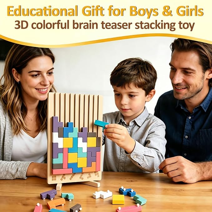Montessori Brain Blocks Kids Wooden Stacking Toys 3D Tetris Puzzles | 42 PCS Colored 3D Russian Block Puzzle with Cards & Bag, Educational Montessori Toys Jigsaw Stack Game Board for 3-8 Year Old