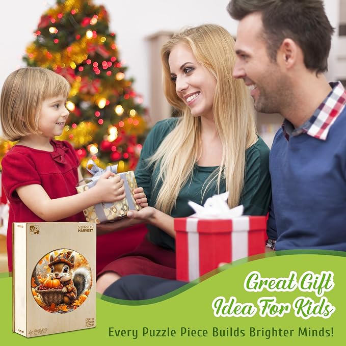 Fall Wooden Puzzles for Kids - Squirrel Harvest | 50 Piece Puzzles for Kids Ages 4-6 - Kids Puzzle with Unique Animal Shapes - Round Puzzles for Boys and Girls (11.4 * 11.4in)