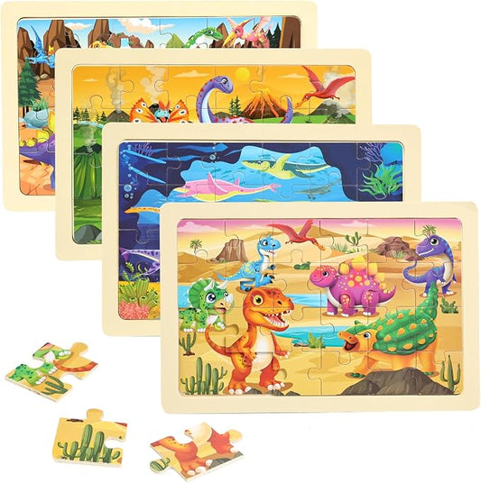 Wooden Puzzles Dinosaur Toys for Kids Ages 3-5, Set of 4 Packs with 24-Piece Wood Jigsaw Puzzles, Preschool Educational Brain Teaser Boards for Boys and Girls 3 4 5 6 Years Old