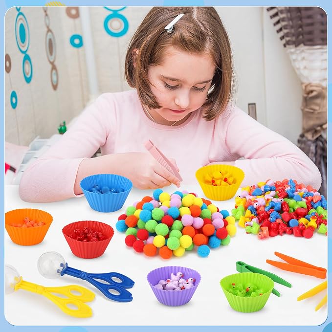 228 Pcs Colorful Sensory Bin Filler Fine Motor Toys Counting Sorting | 120Pcs Pom Pom 90Pcs Mini Resin Duck 12Pcs Sorting Cups 4Pcs Tweezers 2Pcs Scissors Clips for Preschool Early Education