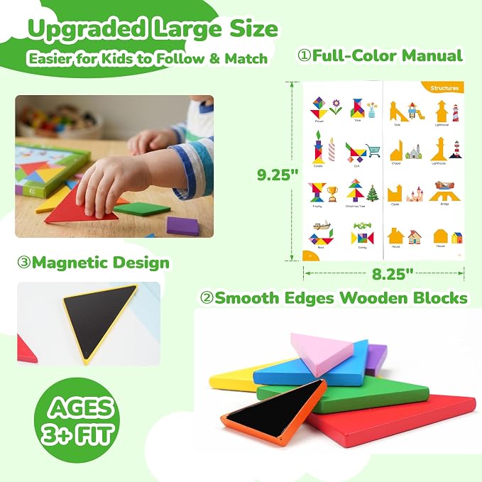 BenBen Magnetic Tangram Puzzle, Wooden Travel Toys Ages 4-8 8-12 | Wooden Dual-Sided Magnetic Board, Travel Games for Road Trips, Car Toys for Kids, STEM Educational IQ Book