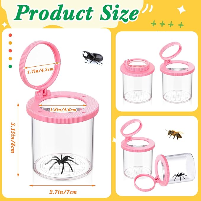 Skylety 2 Pieces Bug Jars Insect Viewer Catcher Bug Magnifying Insect Cage Container for Kids Children Science Nature Exploration Tool (Pink)
