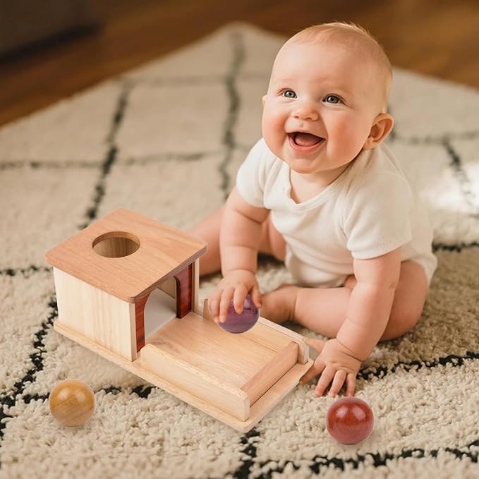 Adena Montessori Object Permanence Box for 6-12 Month Baby 3 Balls, Wooden Baby Toy in Natural Wood Tones, Real Wood Montessori Learning Toy for Toddler 1 Year Old, Sensory Developmental Gift