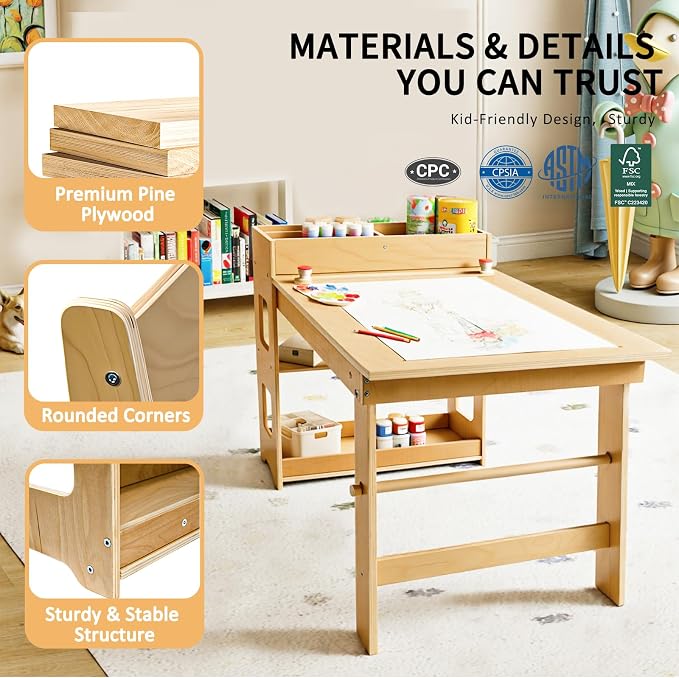 5-in-1 Kids Art Table and Chairs, Toddler Table and 2 Chairs Set FSC | Wooden Kids Craft Table with Storage Cabinet, Art Desk Activity Sensory Table with Paper Holder for Playroom Ages 2-12 Gifts