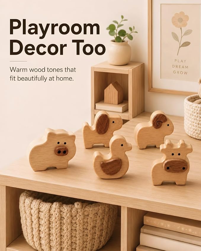 5-Piece Wooden Farm Animal Blocks for Toddlers 1-3 | Solid Beech & Sapele, Montessori Stacking Toys, 2cm Thick Choke-Safe, Birthday Gifts