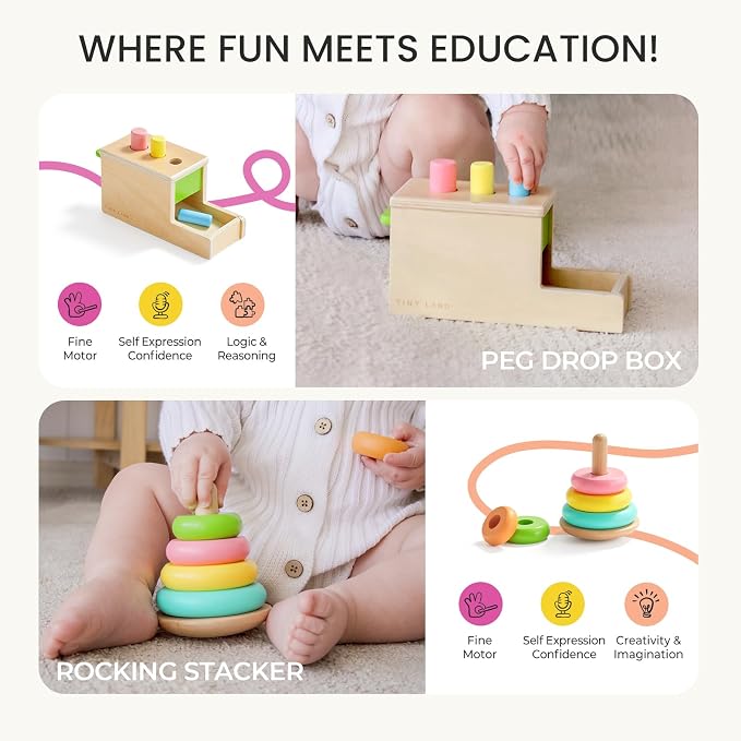Tiny Land Montessori Toy Set for Babies 1 Year Old Thinker Play Kit- 5-in-1 Wooden Learning Toys with Peg Drop Box, Rocking Stacker, Egg Cup, Canister Set, and Crinkle Bag | Peg drop box, rocking stacker, egg cup, canister set, crinkle bag, wooden lear...