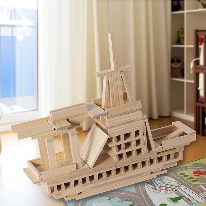 Premium 300 Pcs Natural Wooden Building Planks Building Blocks Kits for Kids 3-12, Open-Ended Classic Pine STEM Construction Toys Set for Castles, Bridges & Towers, Educational Learning Gift (4.7 in)