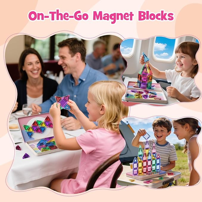 WMDXU Travel Magnetic Tiles Set : 42PCS Travel Set with Iron Box for Girls | Sensory Building Blocks, Bright Colors & Shapes Boost, Iron Box Prevents Lost Pieces, Perfect for On-the-Go Play