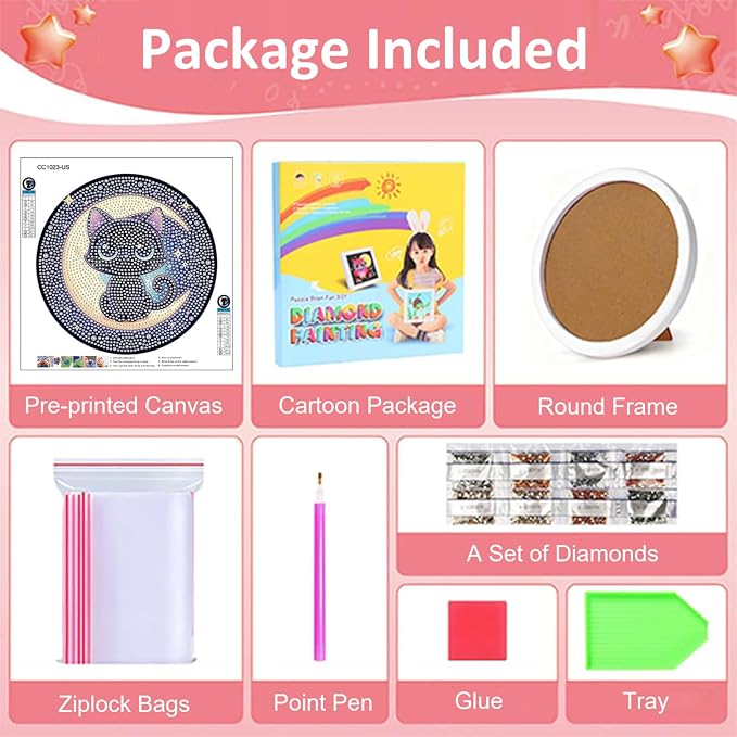 Gemozaic Cat Diamond Art Kits for Kids Ages 6-8-12, Round Frame, 8 x 8 Inch | Black Cat Diamond Art for Kids 6 8 10 12 Year Old, Easy Kid Gem Painting, Cute Animal Arts and Crafts for Girl Birthday Gift