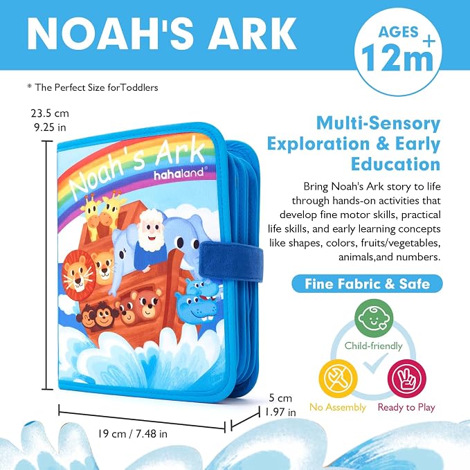 hahaland Noah's Ark Toy Busy Book for Toddlers 1-3 - Baptism Gifts for Boys | Montessori Toys for 1 Year Old Boy Girl, Learning Educational Airplane Travel Quiet Activity Board One Year Old Birthday Gift